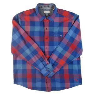 Tommy Bahama Men's XL Plaid Button Shirt Blue Red Cotton Lyocel Long Sleeve